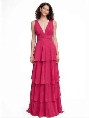 Fuchsia Pink Plunging V-Neck Tiered Chiffon Maxi Gown Sleeveless Formal Dress